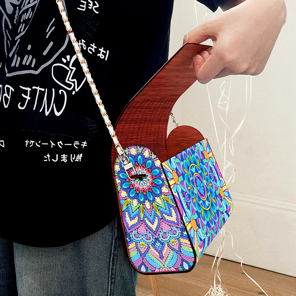 DIY Mandala Diamond Art Wooden Coin Pouch with Chain 5D Diamond Painting Purse
