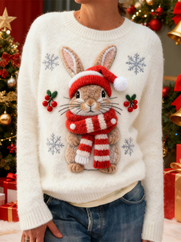 Christmas Scarf Rabbit Women's Plush Sweater wearshes