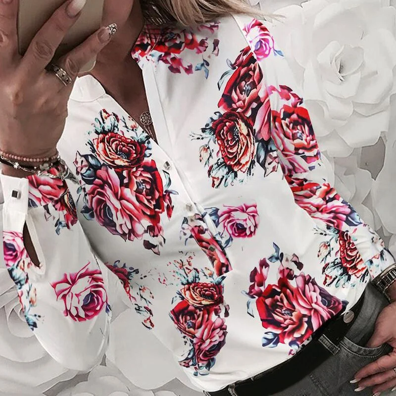 Women's Flower Heart Print Blouse 2022 Fashion Spring Summer Casual Long Sleeve V Neck Shirt Ladies Elegant Buttons Dating Tops
