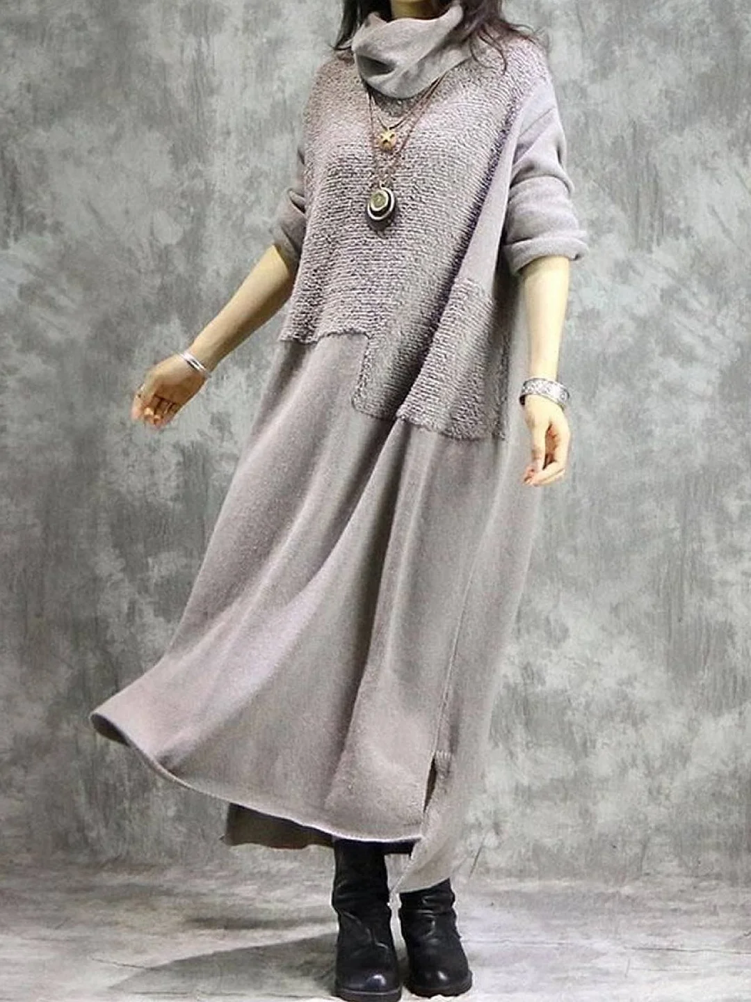 Cotton Plain Casual Turtleneck Knitting Dress