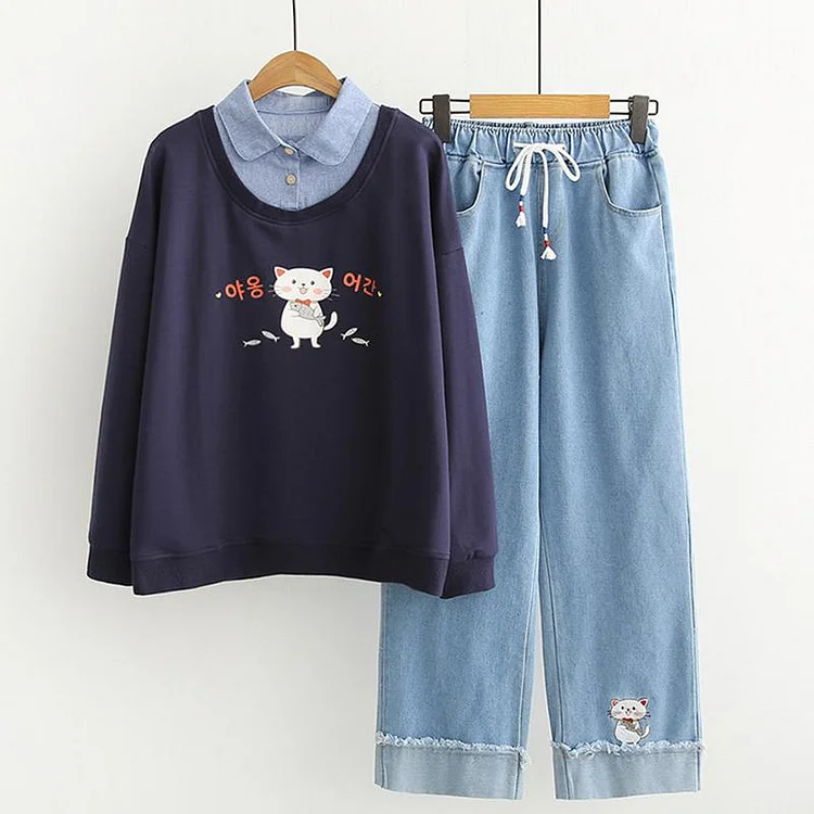 Cat Fish Print Sweatshirt Embroidery Denim Jeans Set - Modakawa Modakawa