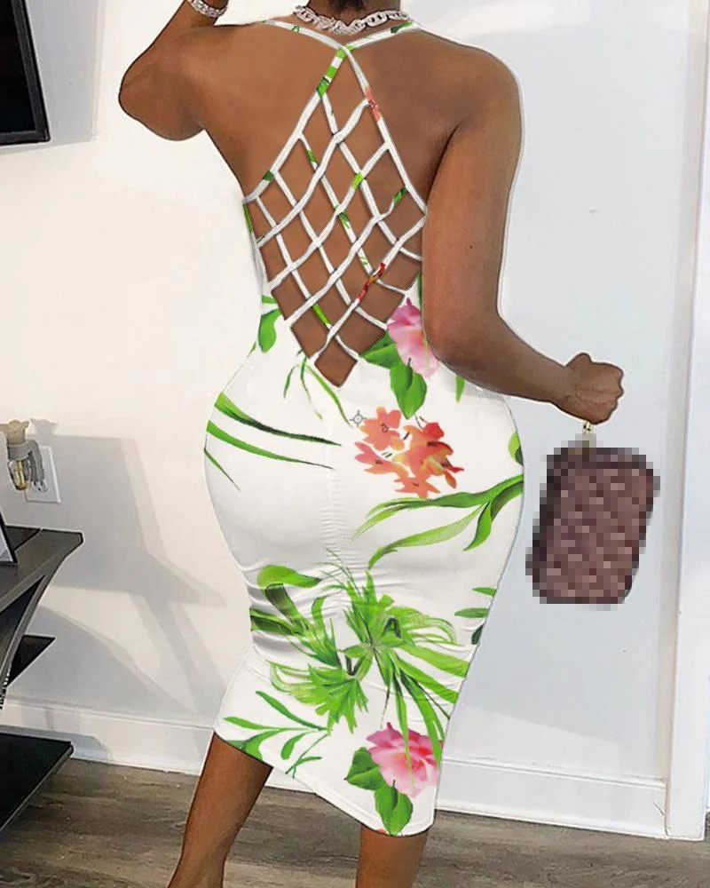 Floral Print Splicing Fishnet Backless Sleeveless Bodycon Dress