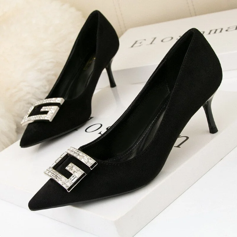 New Elegant Women Flock Black Nude 9.5cm High Heels Crystal Pumps Luxury Designer Office Lady Suede Heels Party Shoes Plus Size