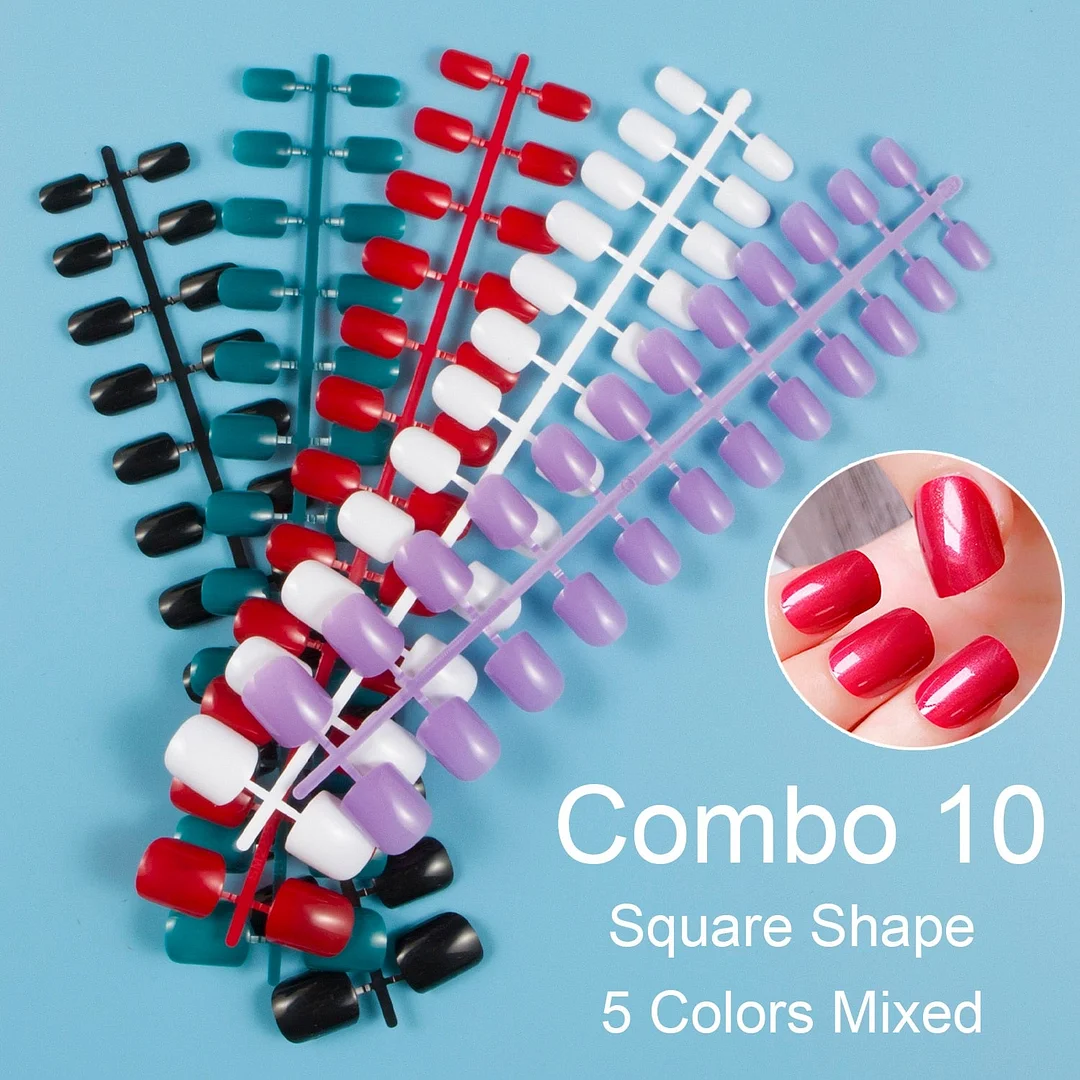 24 Pieces/Set, 5 Sets Mixed Colors Short Square False Nail Tips Press on Fake Nail Tips 10 Sizes Full Cover Nails Combo 09-Nail Inspo
