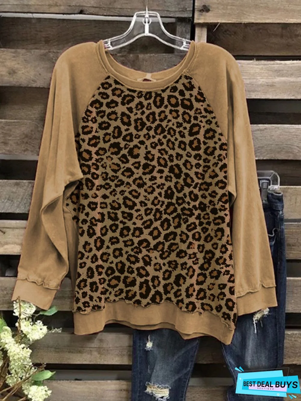 Leopard Long Sleeve Round Neck Cotton-Blend Top