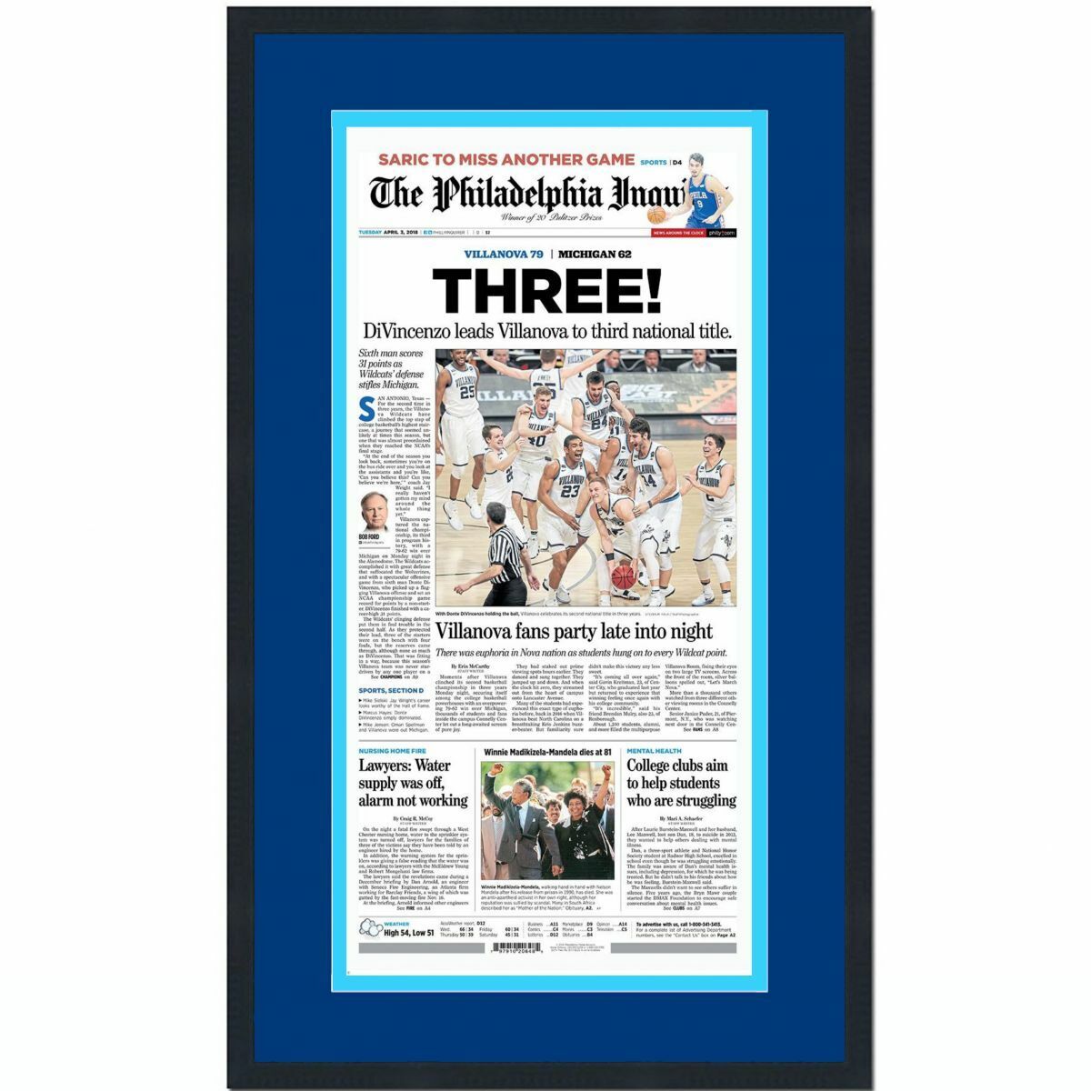 Framed Philadelphia Inquirer Villanova 2018 NCAA Champions Newspaper 17x27 Photo Poster painting