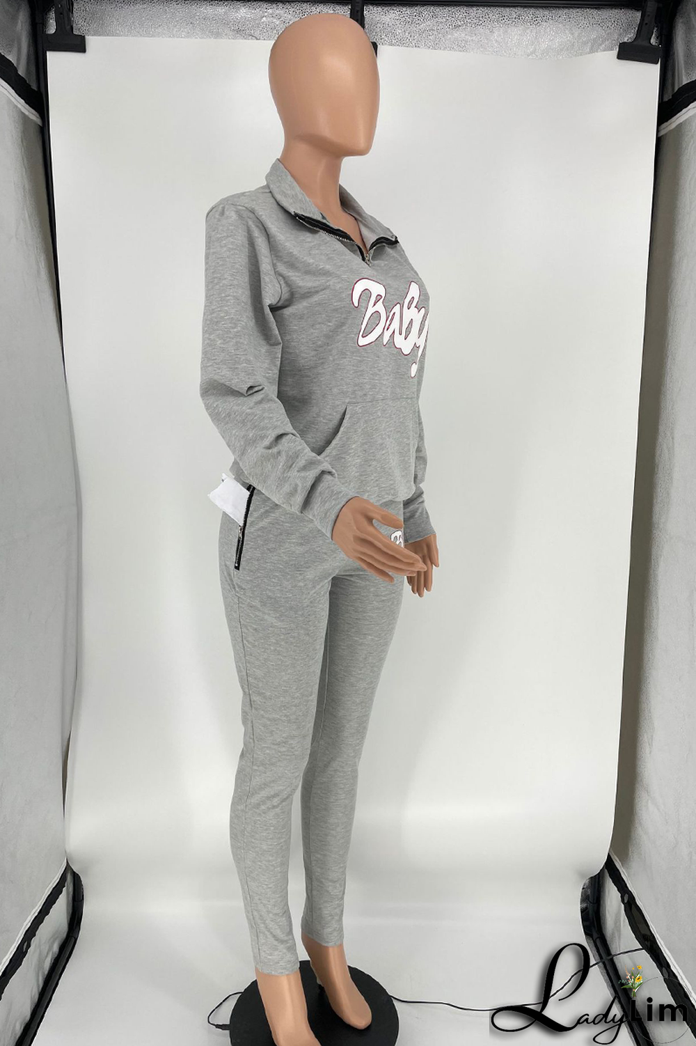 Grey Casual Print Letter Mandarin Collar Long Sleeve Two Pieces