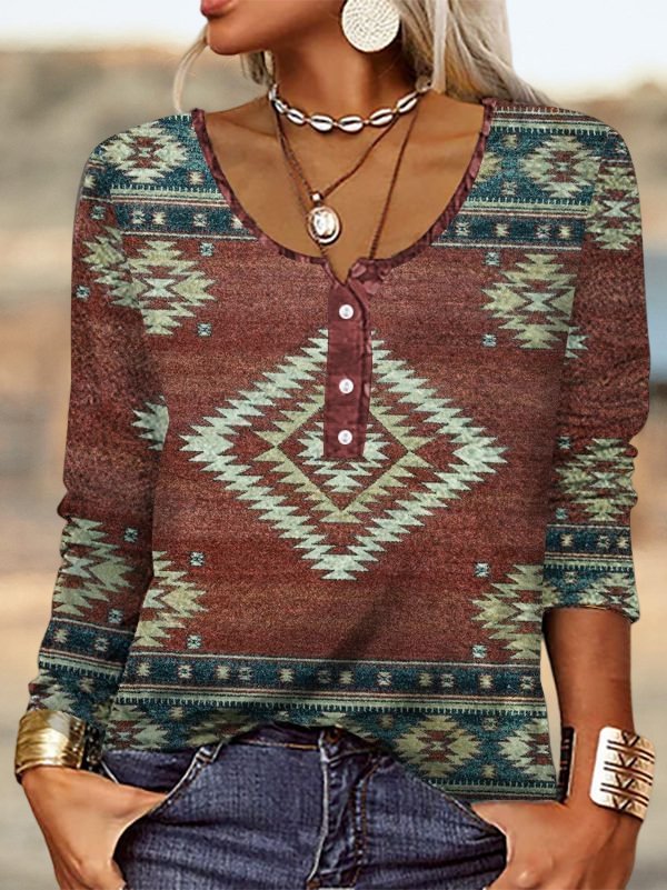 Casual Western Ethnic Print Crew Neck Long Sleeve Top