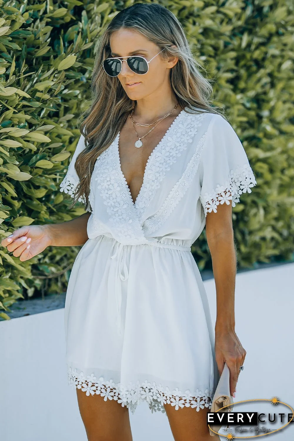 White Applique Lace Trim V-Neck Drawstring Romper