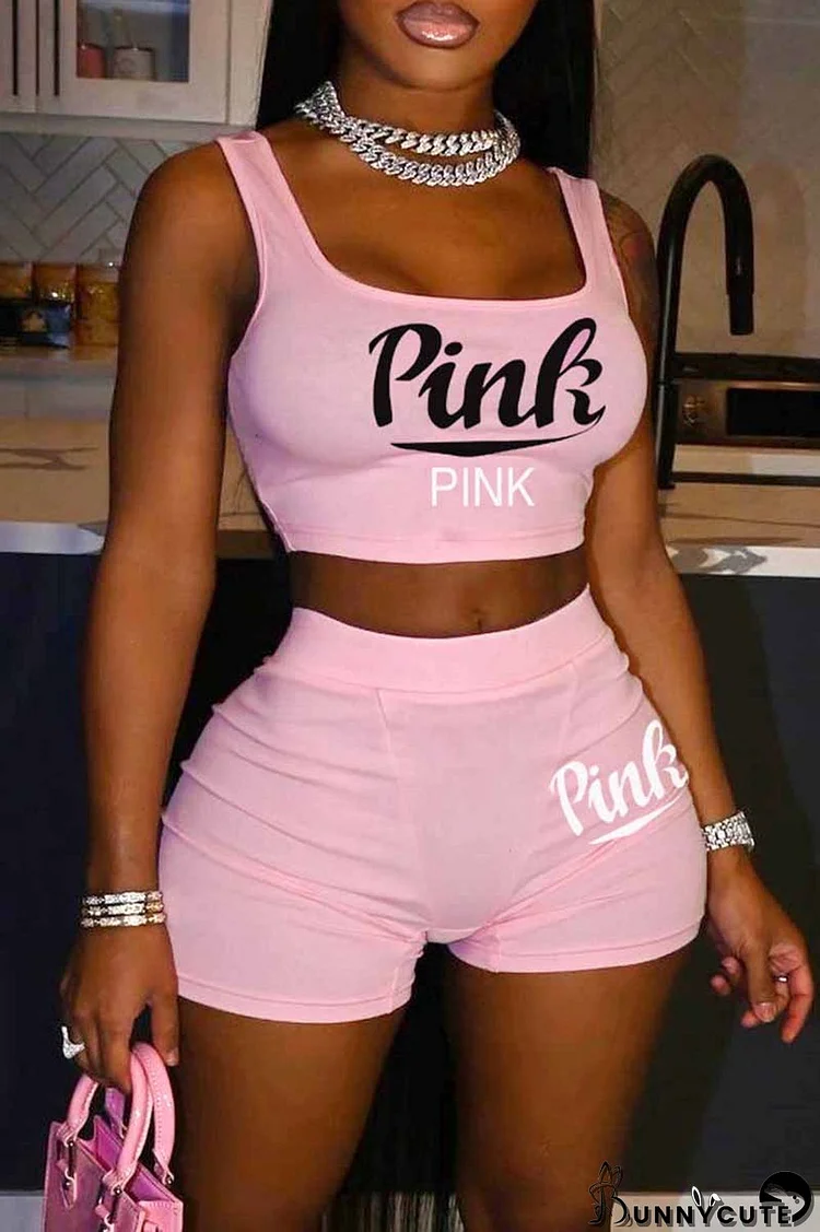 Pink Sexy Casual Letter Print Basic U Neck Sleeveless Two Pieces