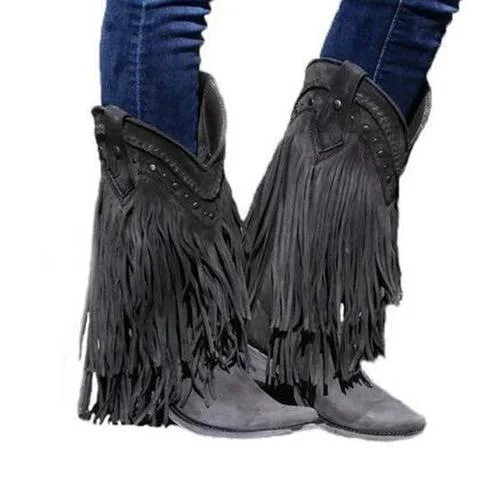 Plus Size Tassel Vintage Leather Chunky Heel Cowboy Boots