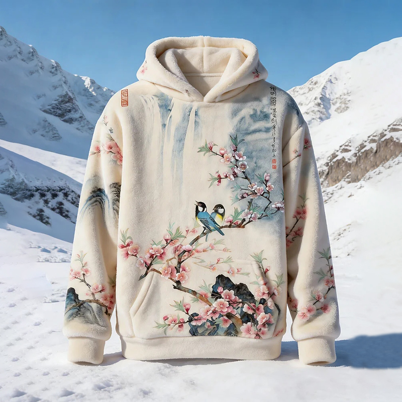 Men's Flowers And Birds Art Print Casual Flannel Hoodie  artssus
