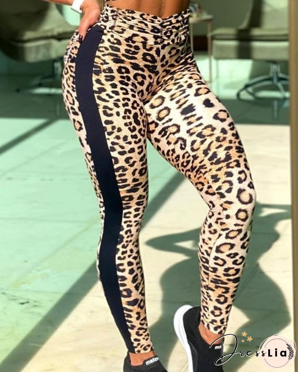 Color Block Splicing Leopard Skinny Sport Yoga Pants