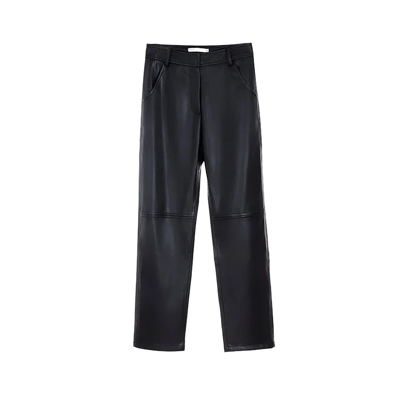 Toppies Winter Fleece Pu Leather Pants Women High Waist Straight Pants solid color spliced trousers streetwear