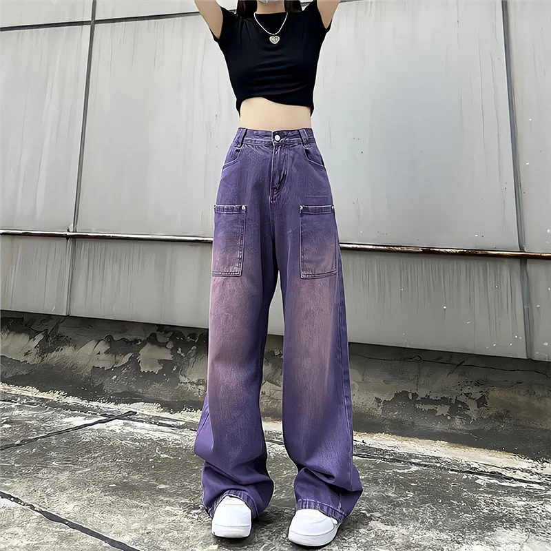 back to school Purple Baggy Jeans Women Boyfriend Style High Waist Gradient Color Washed Y2k Cargo Pants Mopping Straight Denim Trousers