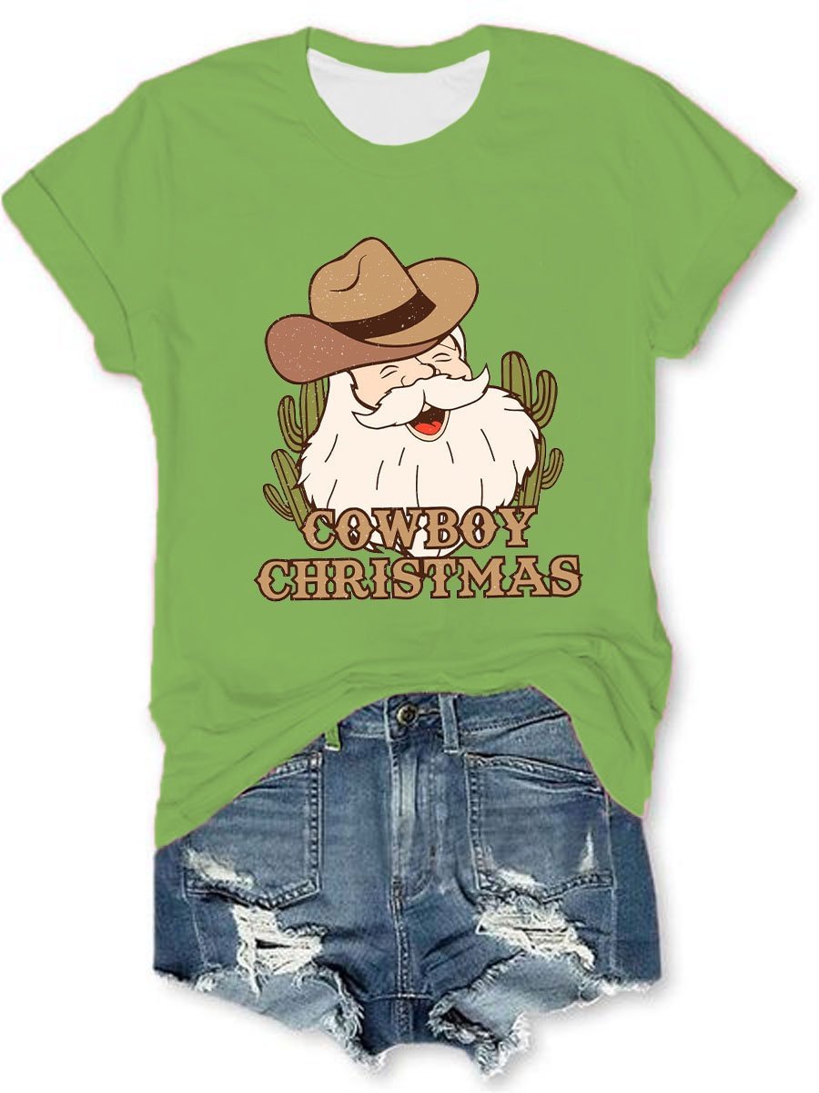 Women's Western Christmas Cowboy Santa Print T-Shirt