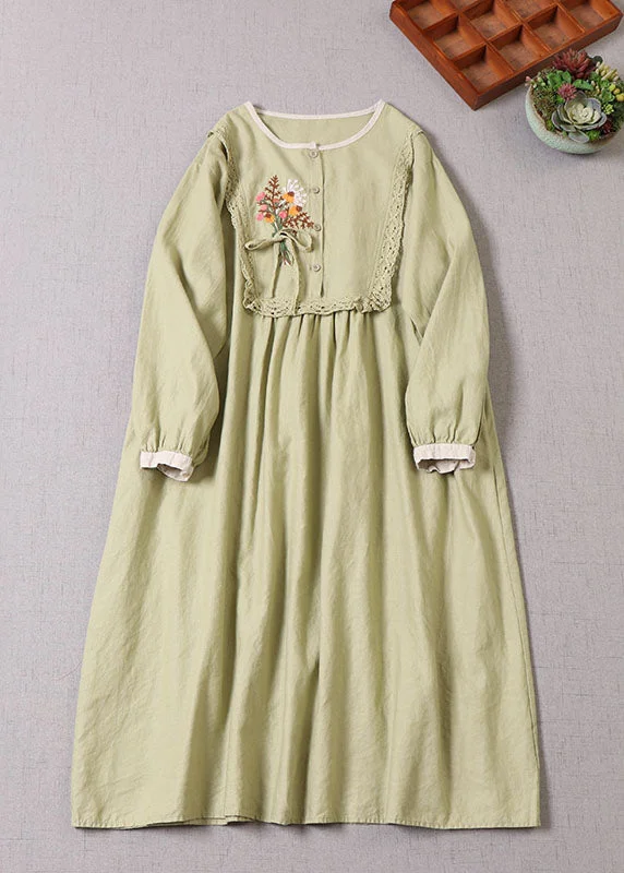 Women Light Green O-Neck Embroideried Patchwork Dress