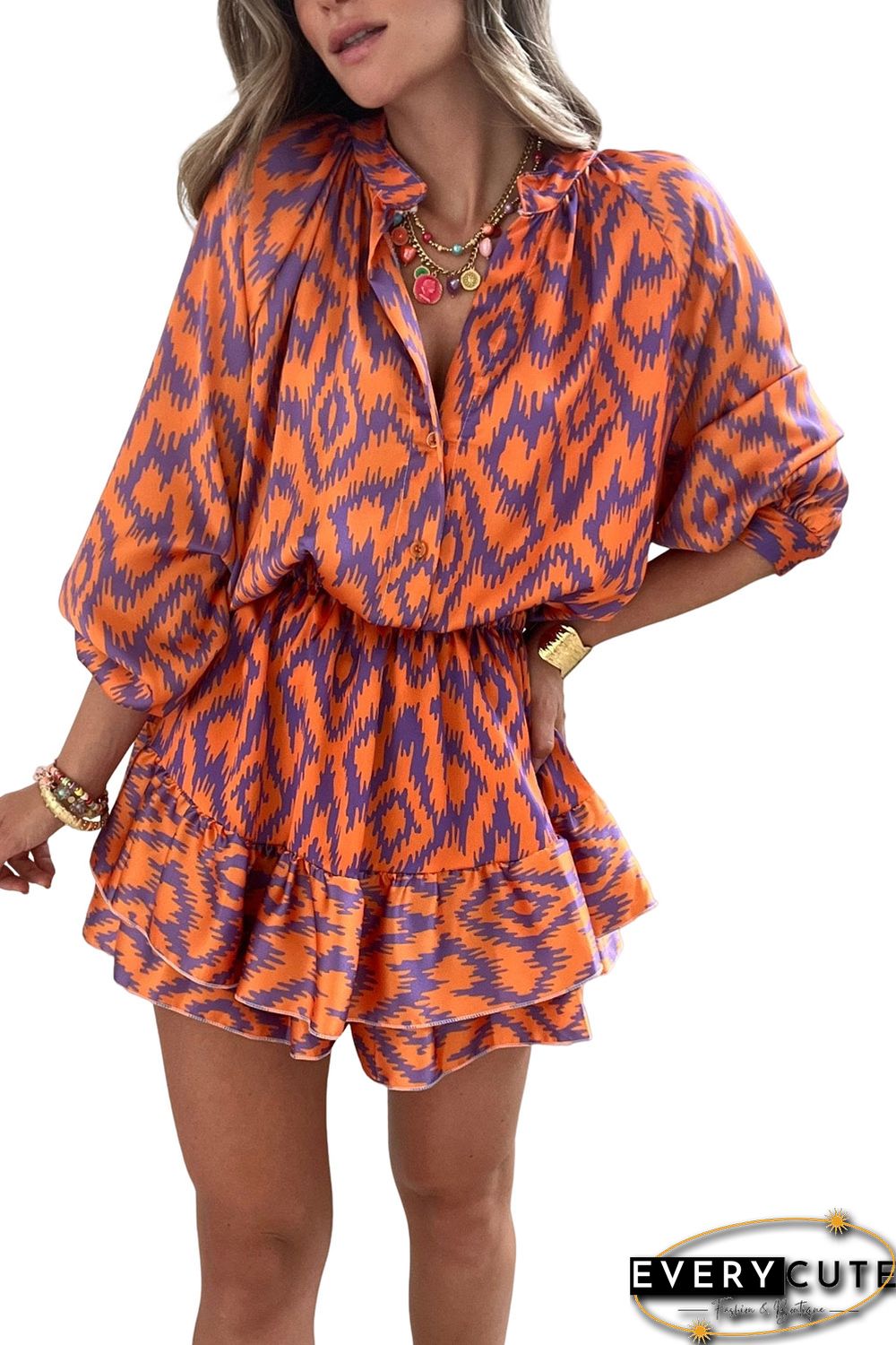 Orange Aztec Bubble Sleeve High Waist Romper