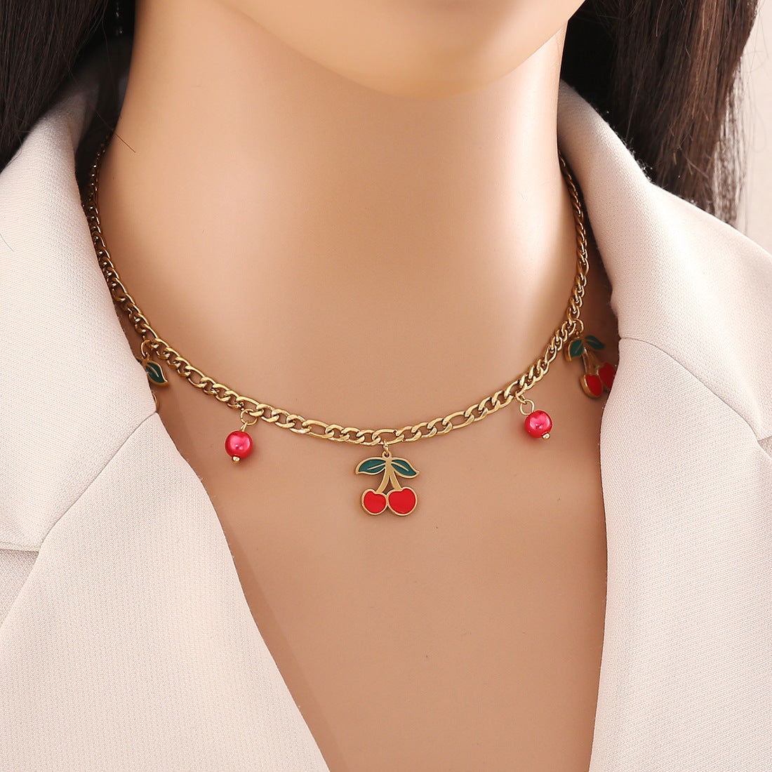 Cute Cherry Pendant Necklace Fashion Stainless Steel Double Chain N1468