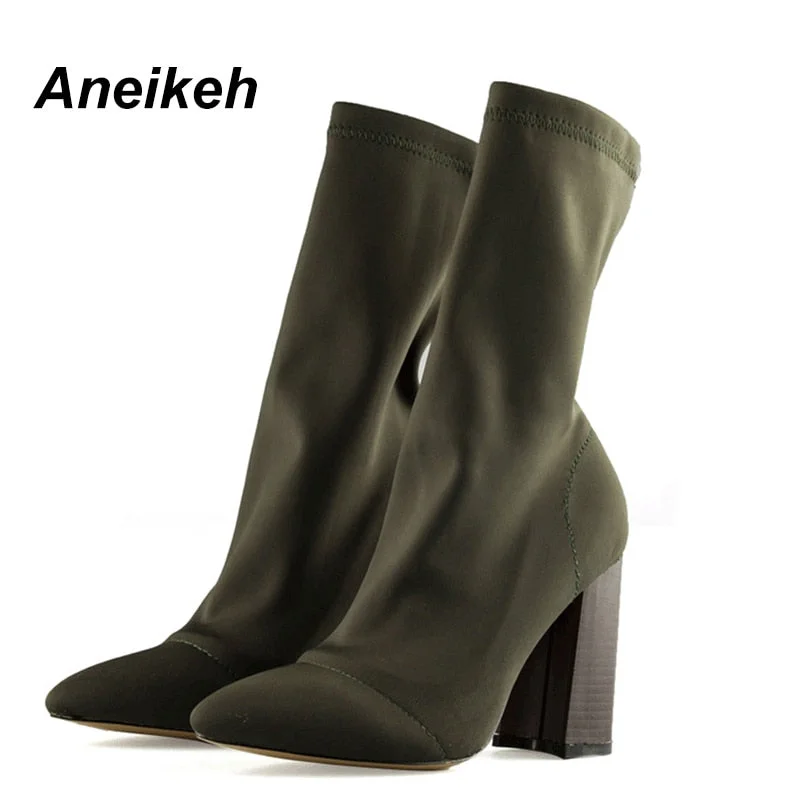 Aneikeh Slim Stretch Ankle Boots for Women Pointed Toe Sock Boots Square High Heel Boots Shoes Woman Fashion Bota Feminina 41