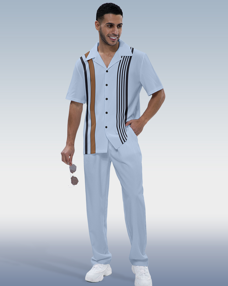 Men's Simple Vertical Stripe Short Sleeve Shirt Walking Set 546