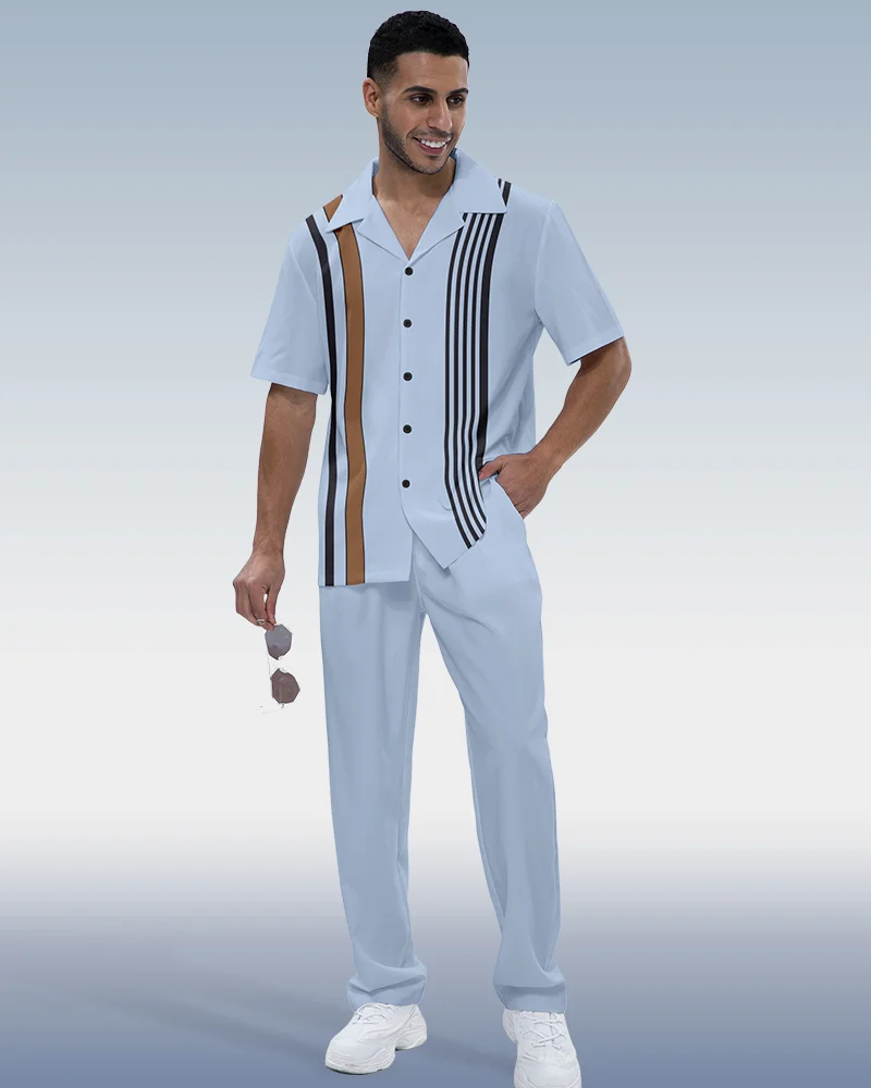 Men's Simple Vertical Stripe Short Sleeve Shirt Walking Set 546