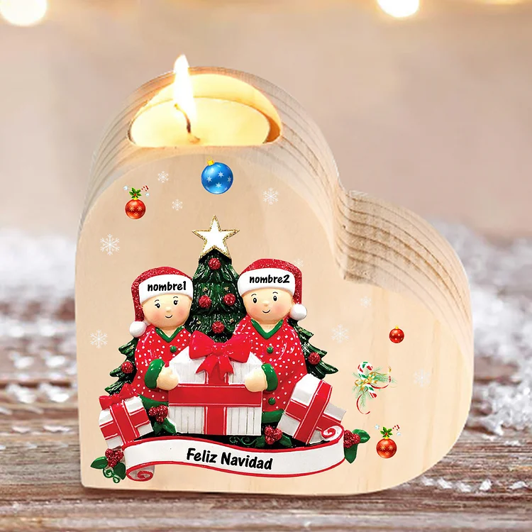 Navidad - Candelero de corazón de madera familia de 2 muñecos personalizado con 2 nombres y 1 texto sin vela
