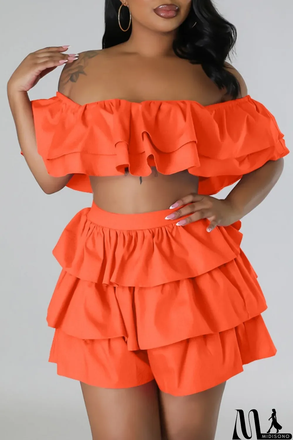 MidiSono - Rose Red Sexy Casual Solid Patchwork Backless Off the Shoulder Short Sleeve Two Pieces