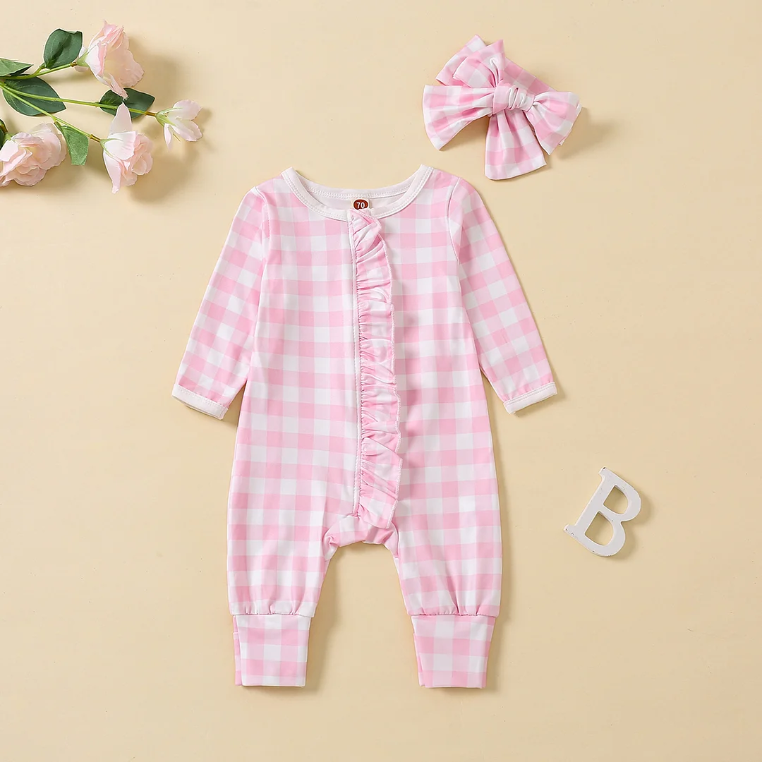 2PCS Lovely Plaid Printed Long Sleeve Baby Jumpsuit