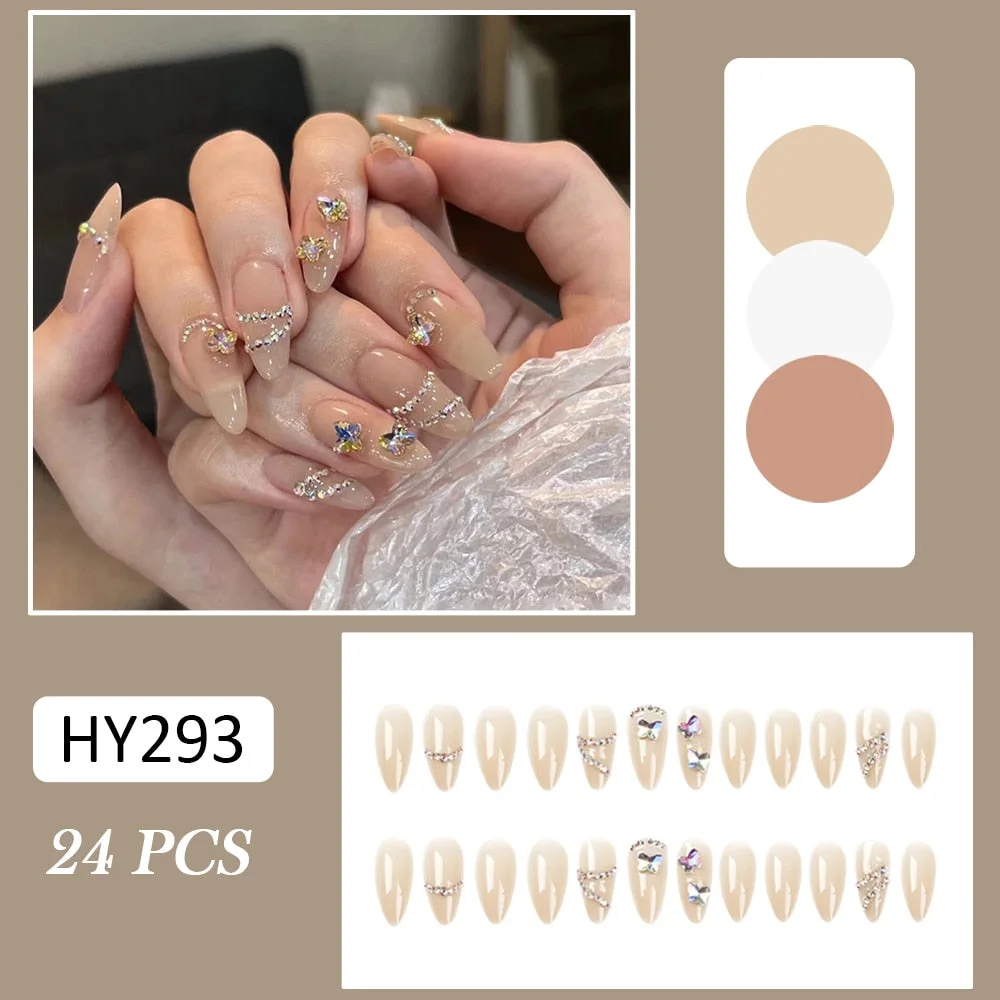 Fall nails Barbie nails Christmas nails 24pcs Almond False Nail Shiny Butterfly rhinestones Decor Full Finished Manicure Acrylic Nail Tips Glitter Design Press on Nail