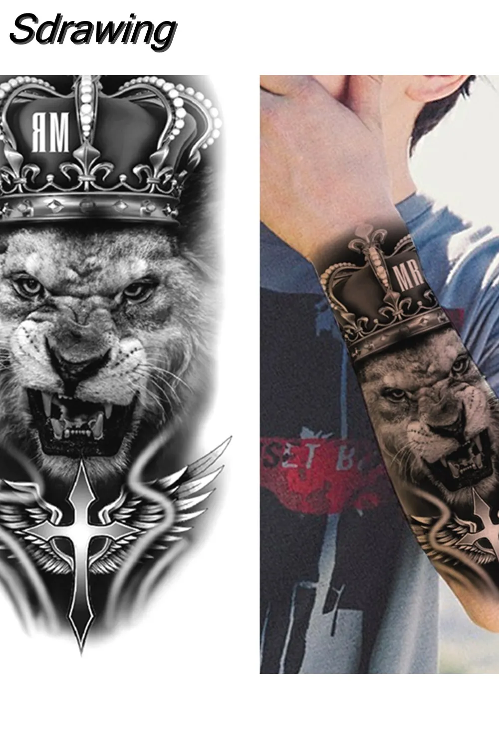 Sdrawing Lion Temporary Tattoo For Women Men Adult Skull Tiger Wolf Forest Tattoo Sticker Black Fake Realistic Demon Tatoos Forearm 430-1
