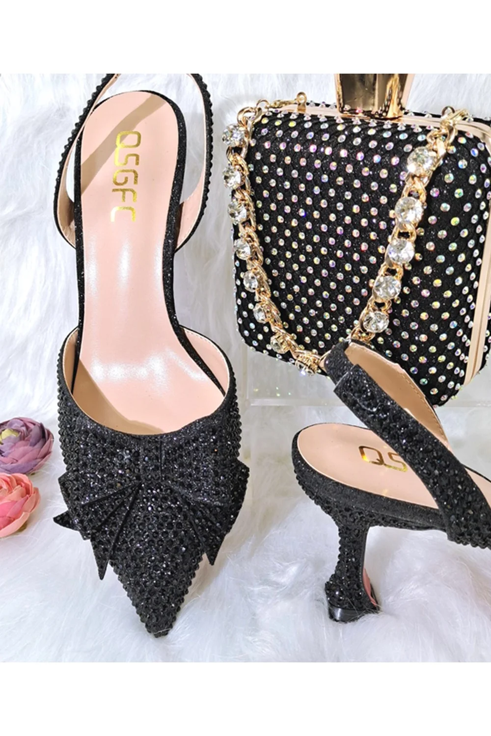  2023 New Fashion Full Of Crystal Decoration Style Rainbow Glass Heel Friends Party Shoes Ladies Shoes And Bag For Party 928-0