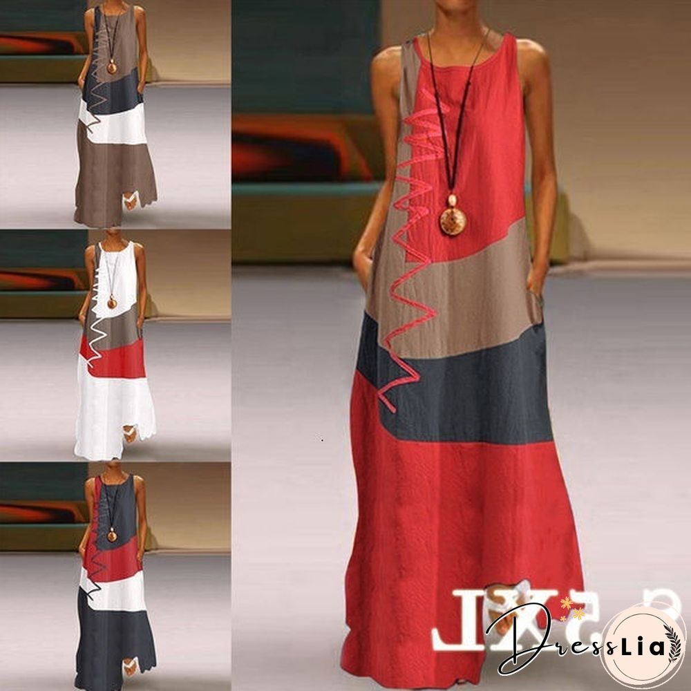 Vintage Color Stitching Maxi Dress Women's Summer Sundress Casual Sleeveless Tank Female O Neck RobeCIU8