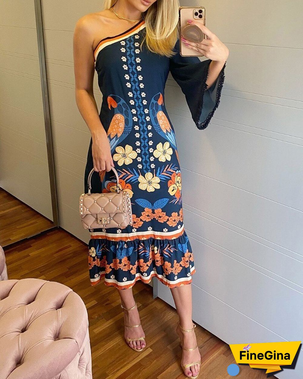 One Shoulder Bell Sleeve Floral Bird Print Dress