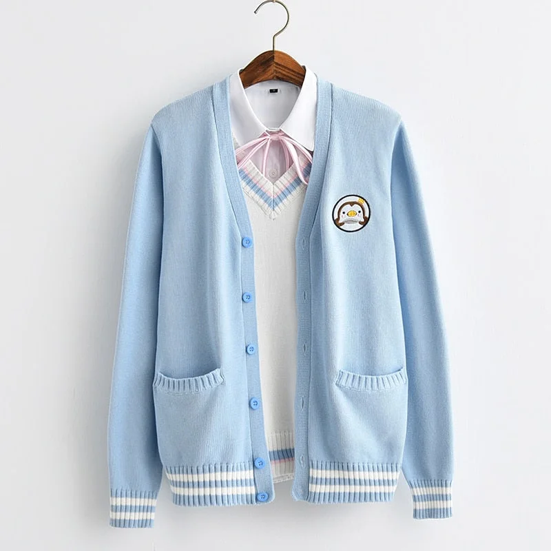 Cute Penguin Blue & White JK Uniforms Knitted Sweater Cardigan BE172