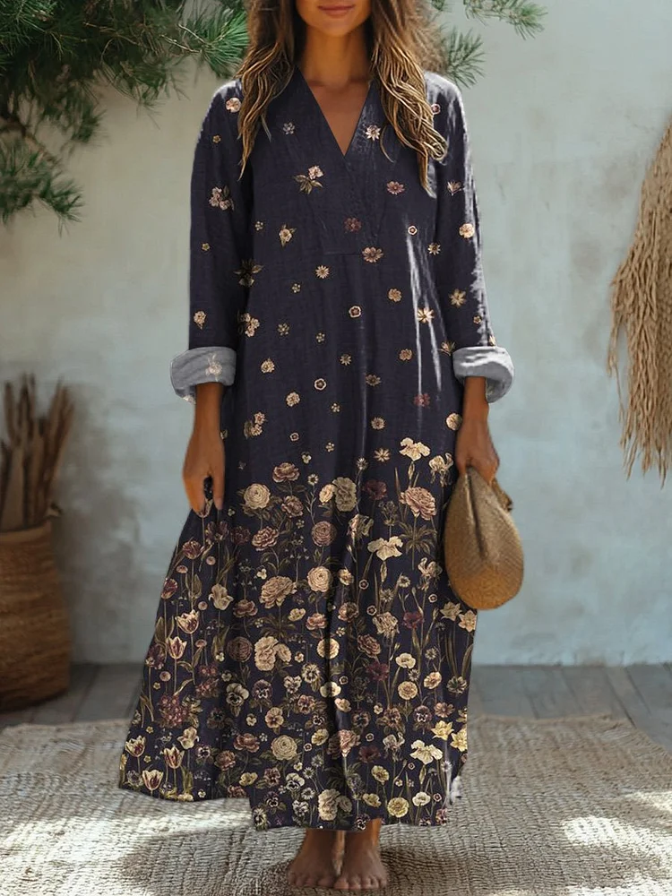 Midnight Floral Garden Pattern Printed Women's Dress
