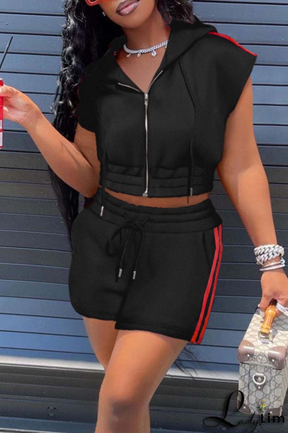 Black Casual Sportswear Solid Split Joint Hooded Collar Short Sleeve Two Pieces