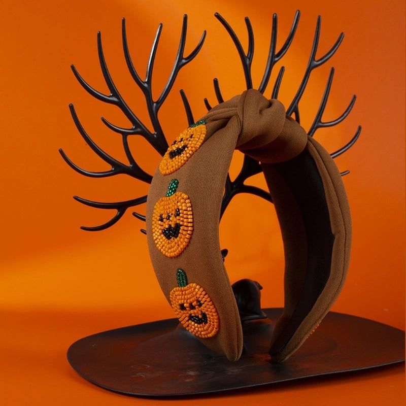 Women’s Hip-Hop Retro Funny Halloween Pattern Pumpkin Ghost Cloth Seed Bead Hair Band