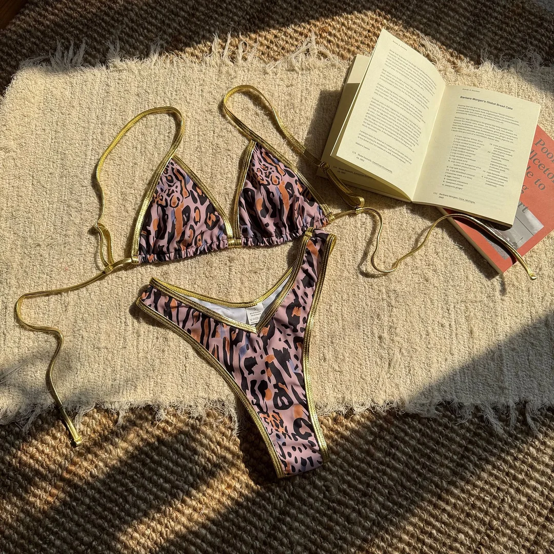 Uveng 2025 New Women's Split Leopard Print Sexy Swimsuit Women's Triangle Strap Swimsuit Bikini