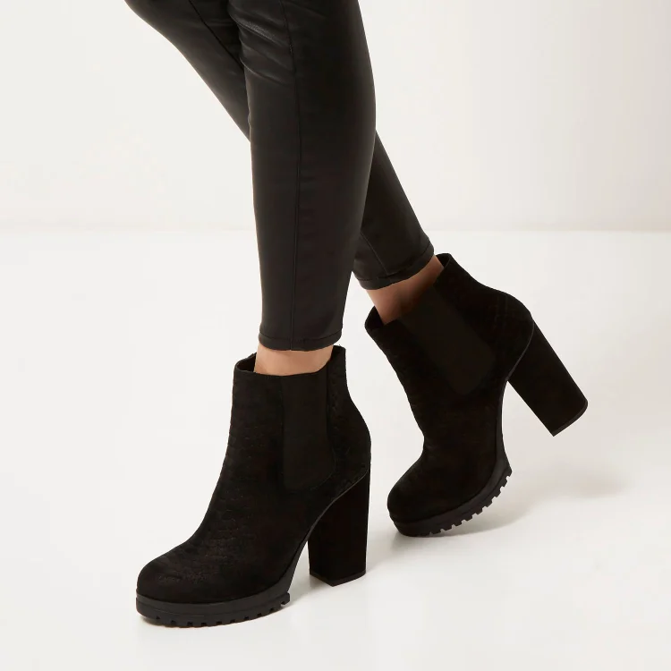 Black Chelsea Boots Round Toe Chunky Heel Short Snakeskin Booties |FSJ Shoes