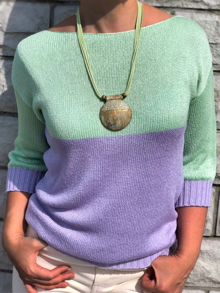 Women Color Block Autumn Simple Spandex Natural Long Sleeve Loose Regular Sweater