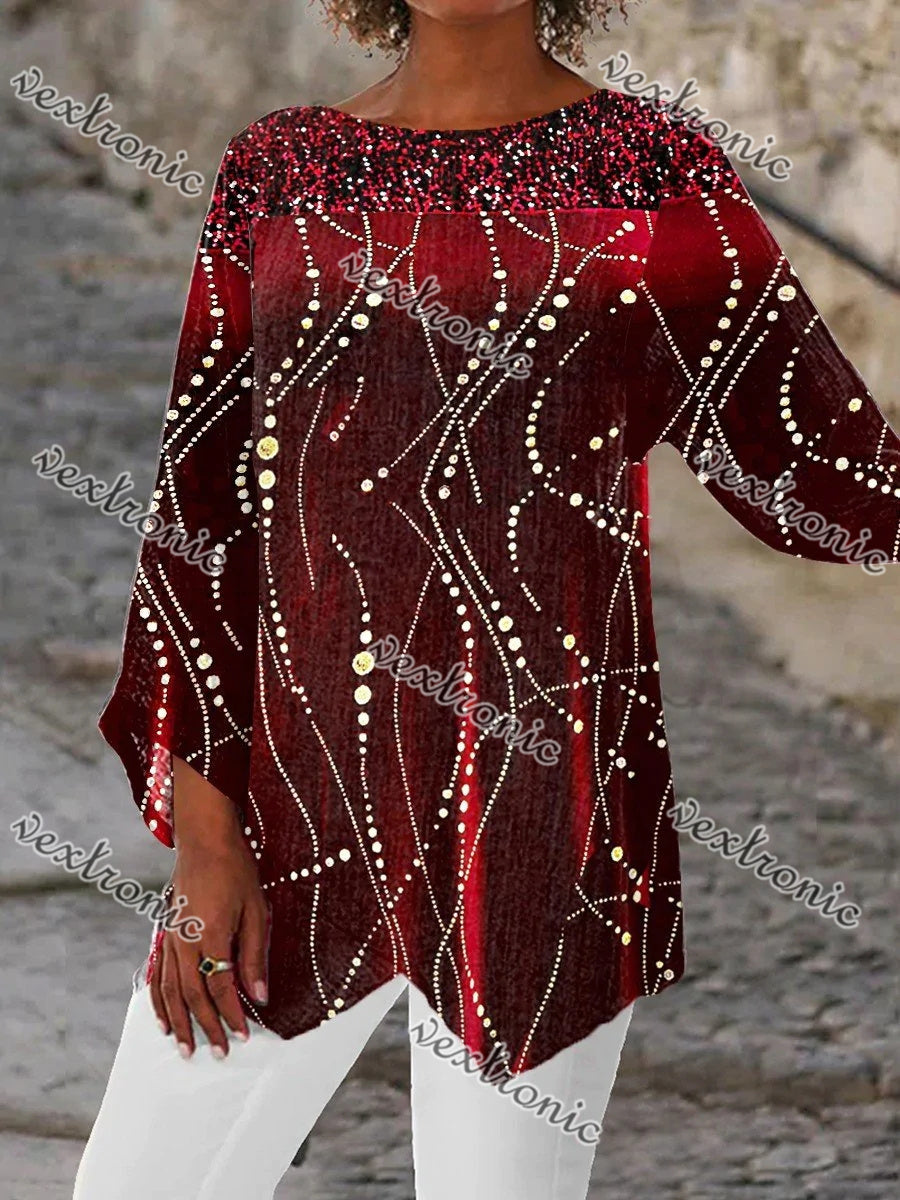 Women 3/4 Sleeve Scoop Neck Printed Stitching Women Tops