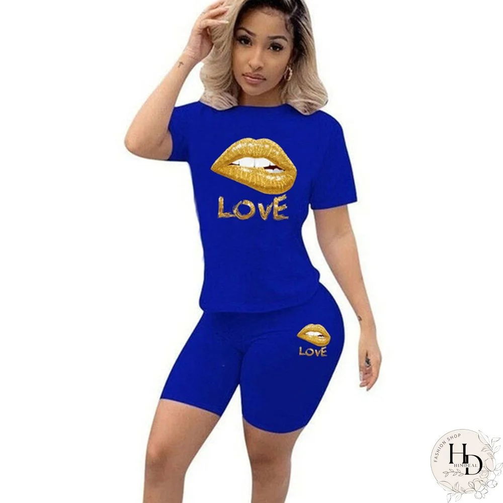 Two-Piece Fashion Womens Clothing Short-Sleeved Crew Neck T-Shirt And Tight-Fitting Shorts Tracksuit Outfit