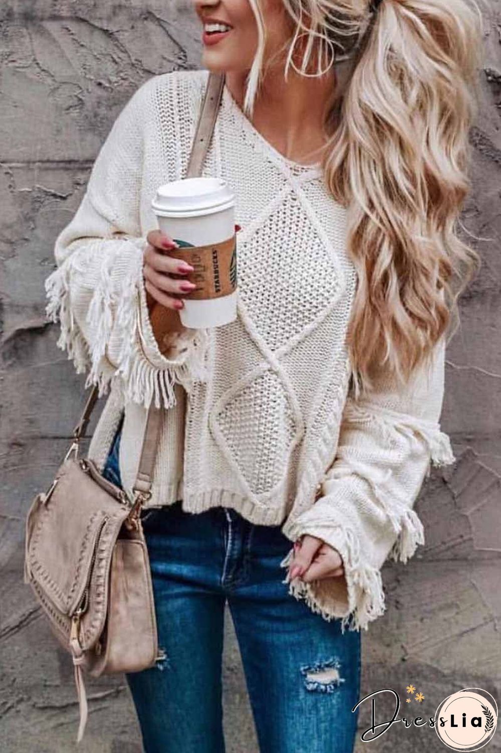 Solid Color Knitted Tassel Sweater