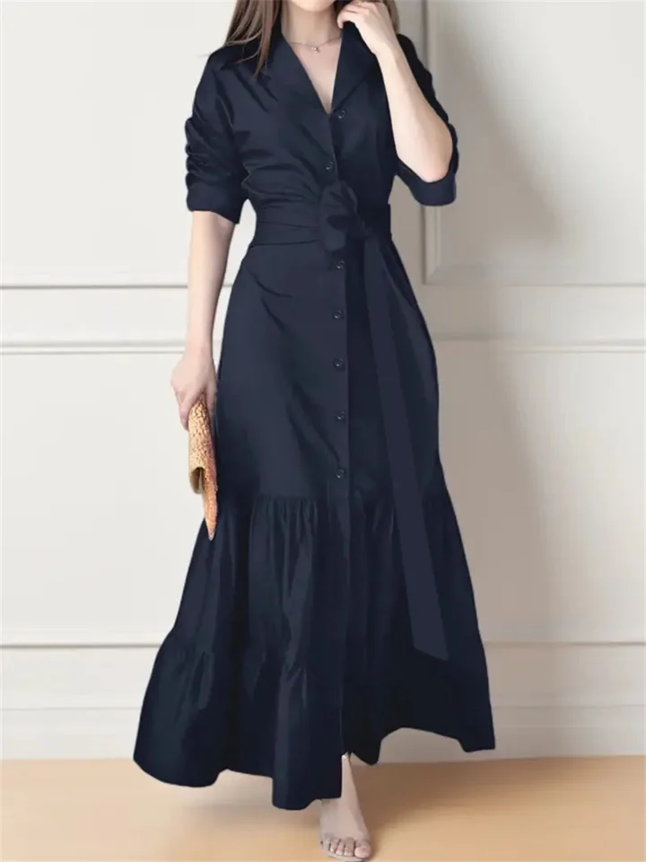 Solid Color Lapel Belt Long Dress