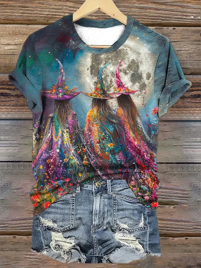 Womens Witch And Flowers Under The Full Moon Art Print T-Shirt