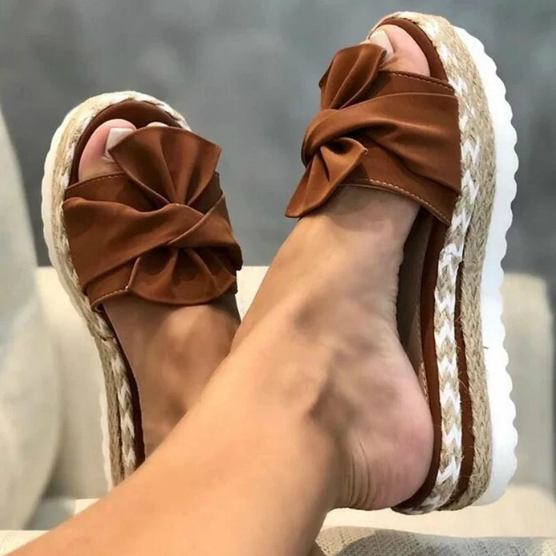 Qengg New Women Slippers Platform Wedge Sandals Fashion Bow Peep Toe Beach Outdoor Ladies Walking Shoes Plus Size Zapatilla Mujer