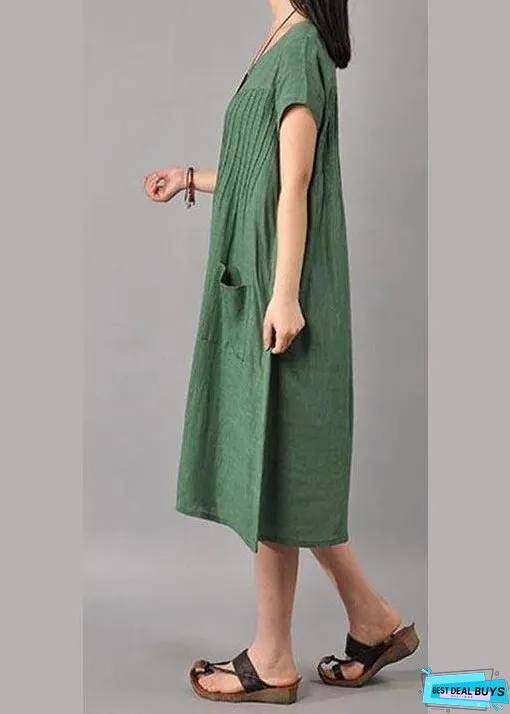 Unique Robes Women Cotton Linen Loose Fitting Short Sleeve Dress In Green