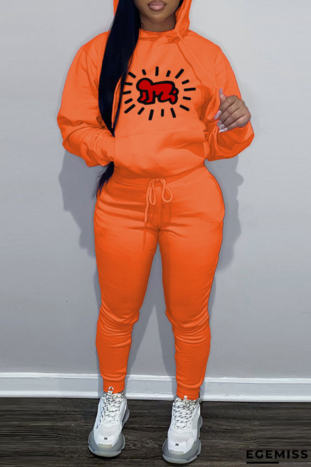 Orange Casual Print Draw String Hooded Collar Long Sleeve Two Pieces | EGEMISS