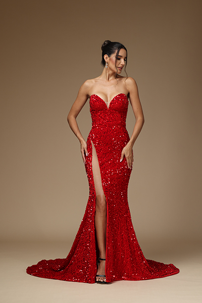 Ovlias Sexy V-Neck Mermaid Prom Dress Sparkly Red Sequins Gown High Slit